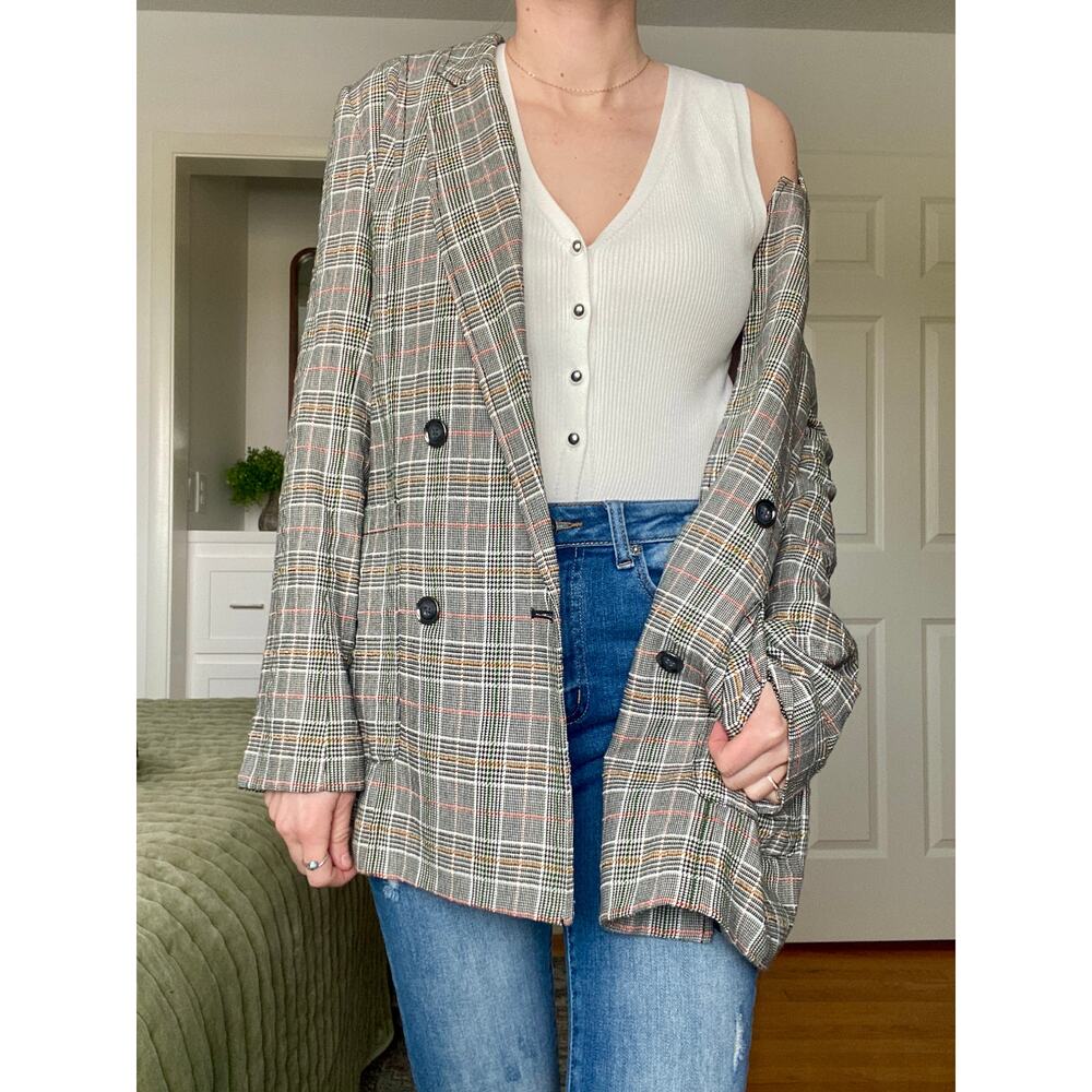 Anthropologie Maeve Lilith Oversized Blazer Jacket Sz. 10 Plaid Double Breasted